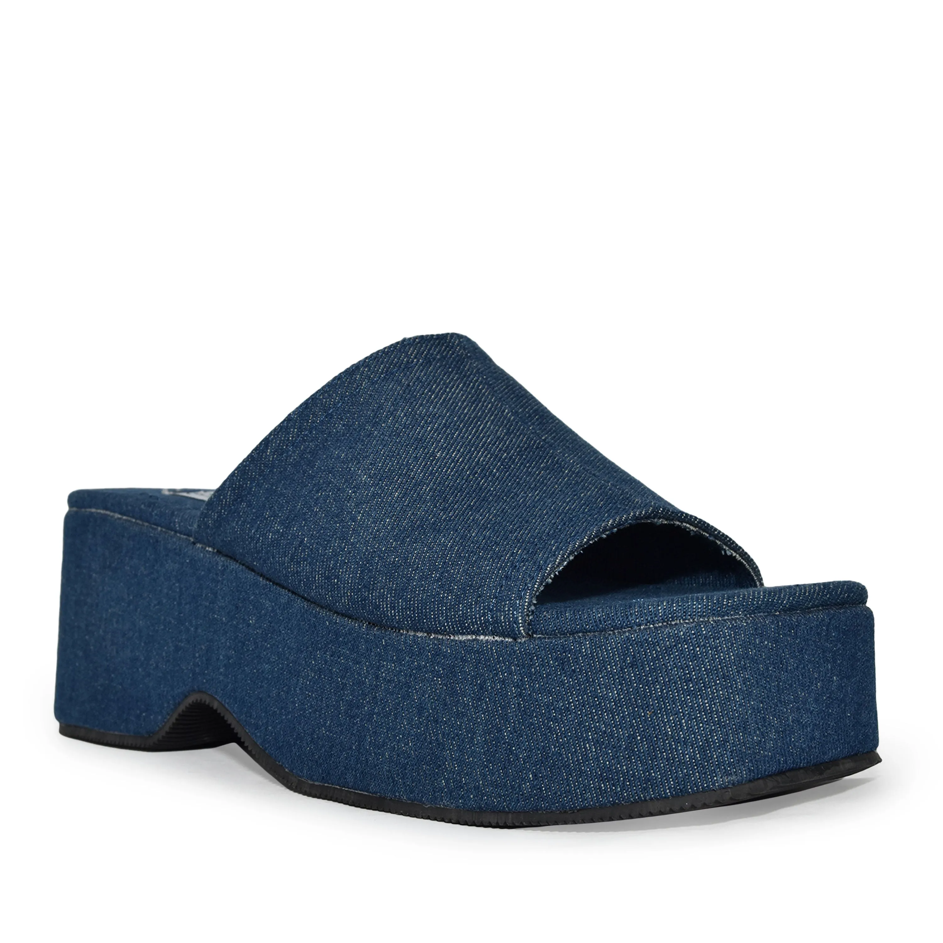 AIDA-01 Platform Square Toe Denim Wedge Mule Slide Sandals