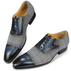 Azzuro - Blue Woven Luxury Men's Business Cap Toe Oxford Dress Shoes