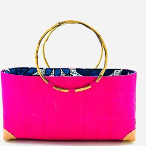 Bebe Straw Handbag with Bamboo Handle in Fuchsia