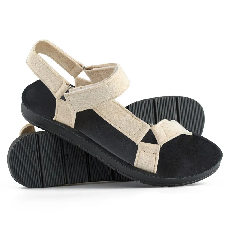 Beige women's sports sandals with Velcro fastening