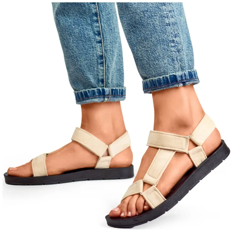 Beige women's sports sandals with Velcro fastening