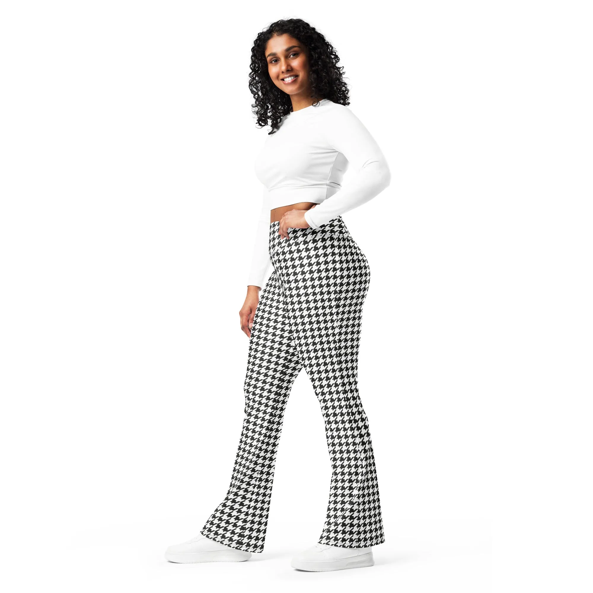 Black & White Houndstooth Print Flare Leggings