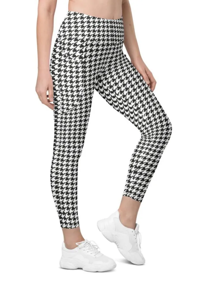 Black & White Houndstooth Print Leggings With Pockets