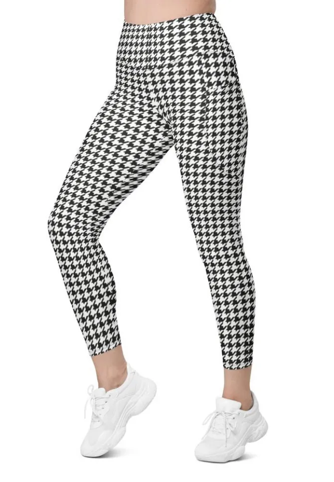 Black & White Houndstooth Print Leggings With Pockets