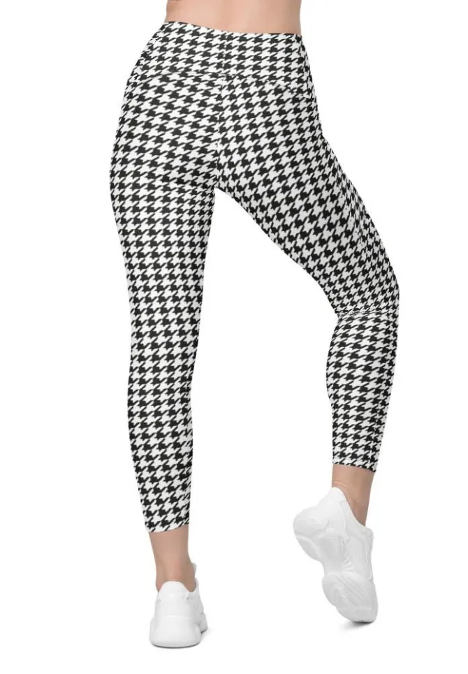 Black & White Houndstooth Print Leggings With Pockets