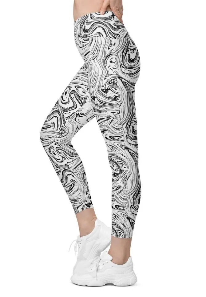 Black & White Marble Crossover Leggings With Pockets