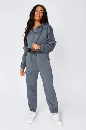 Charcoal Utility V-Neck Hoodie And Joggers Set