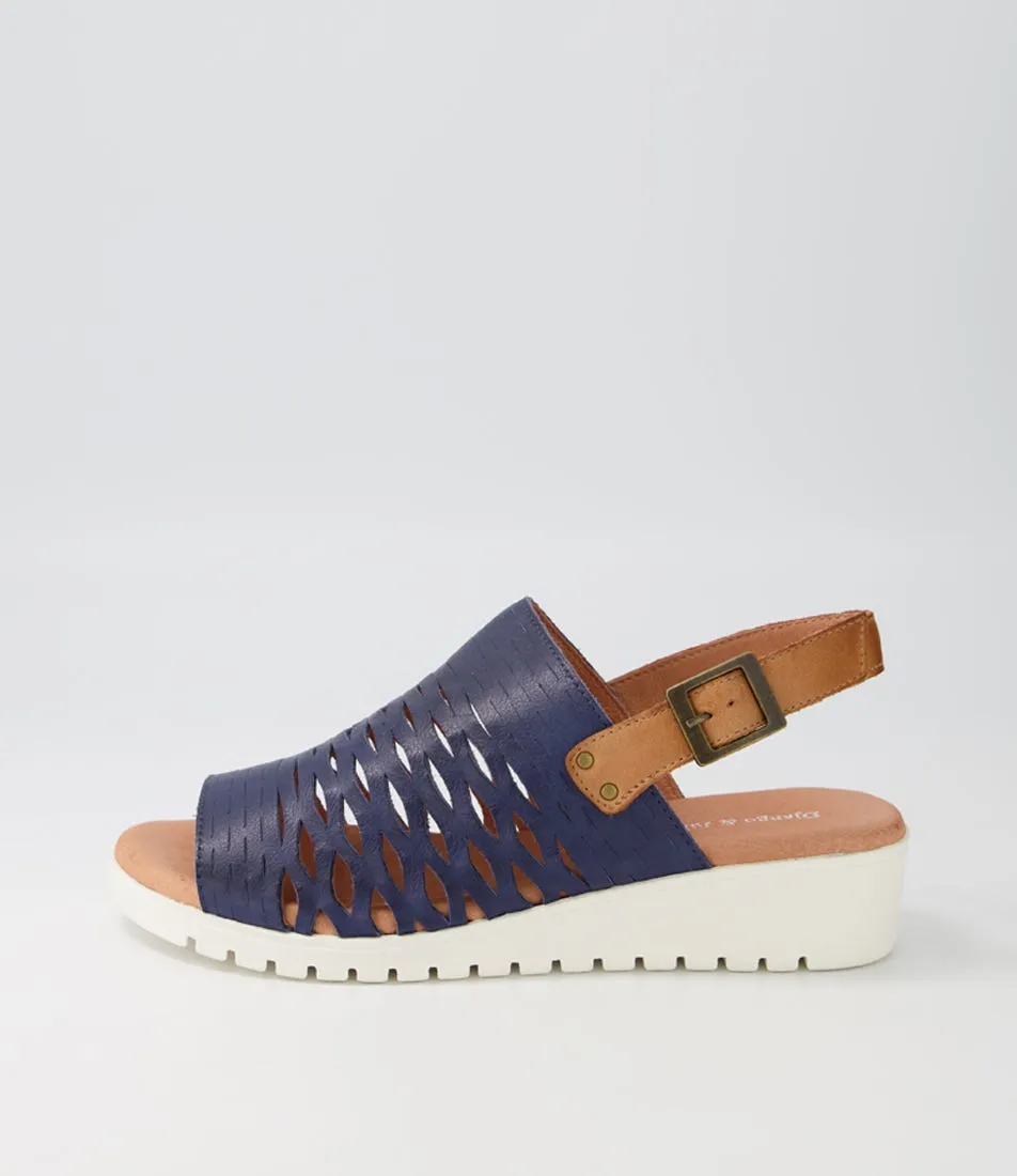 DJANGO & JULIETTE Mozell Navy Dark Tan Leather Sandals Ws