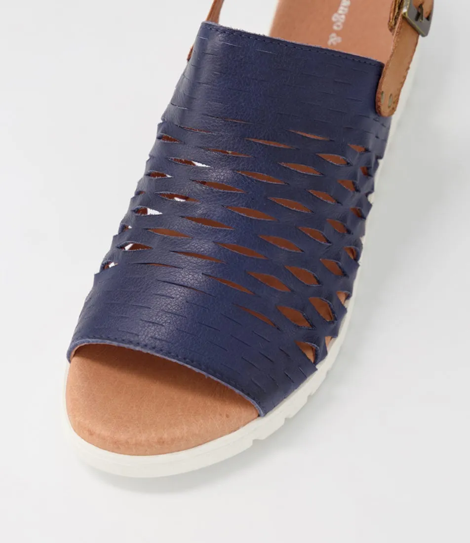 DJANGO & JULIETTE Mozell Navy Dark Tan Leather Sandals Ws