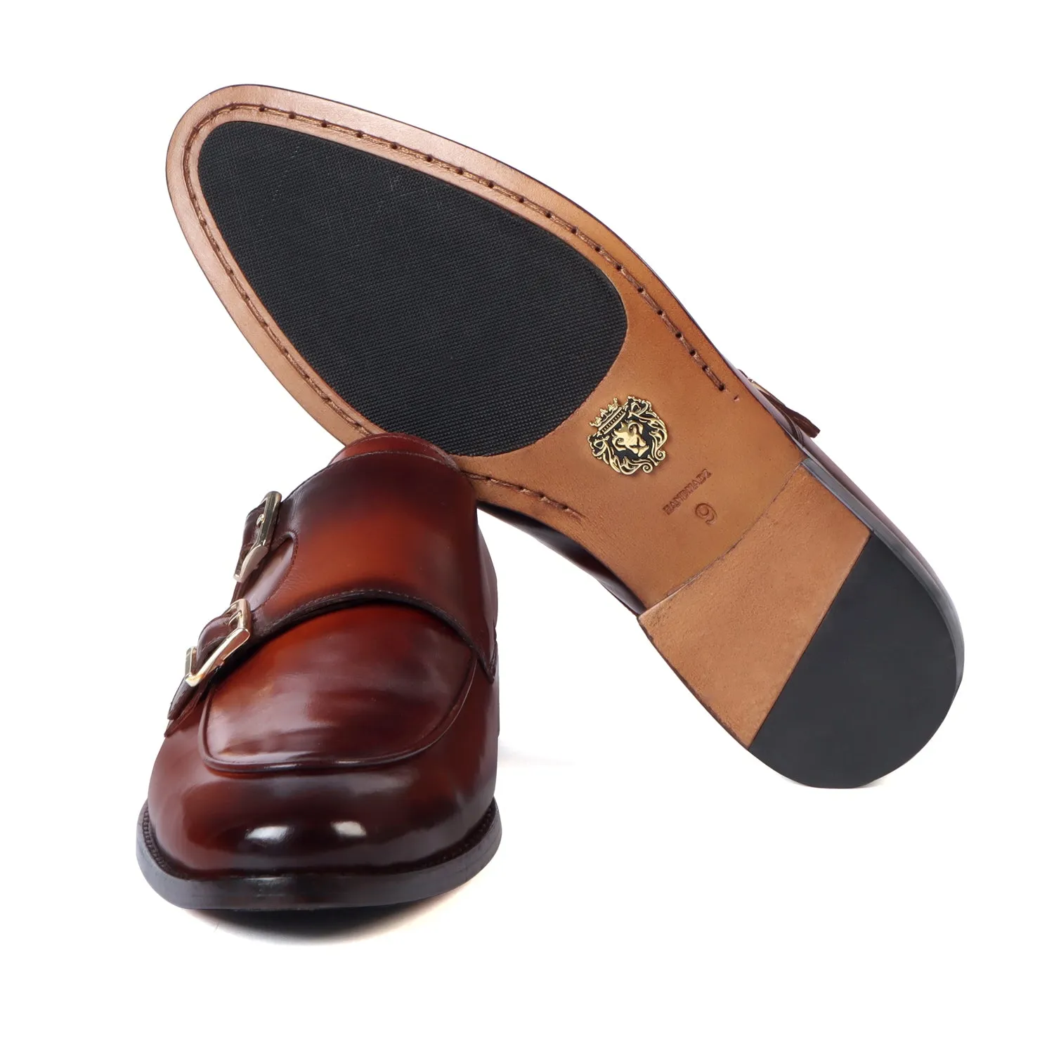 Dual Tone Double Monk Tan Genuine Leather Slip-On Shoes With Leather Sole By Brune & Bareskin