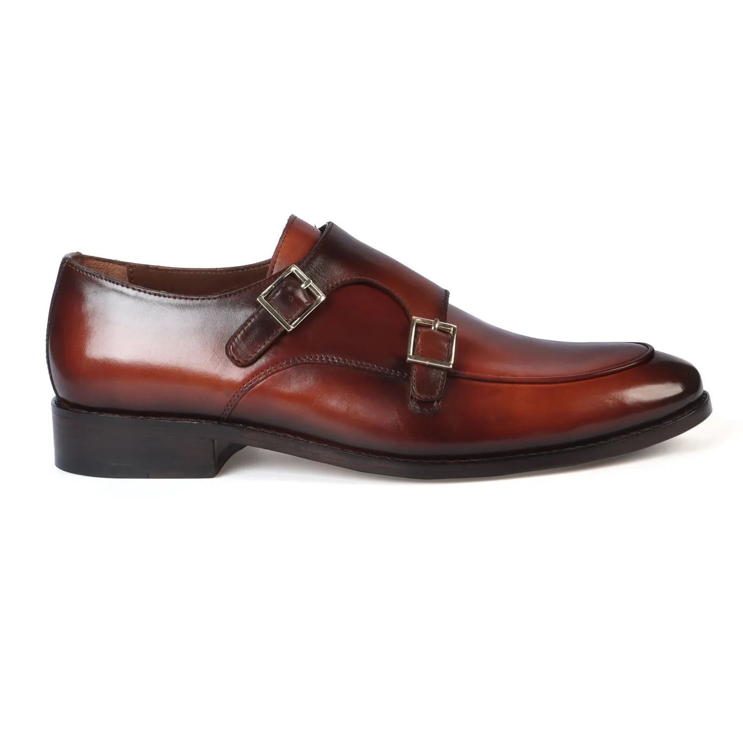 Dual Tone Double Monk Tan Genuine Leather Slip-On Shoes With Leather Sole By Brune & Bareskin