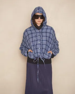 Dusty Blue Flannel Check Hooded Jacket