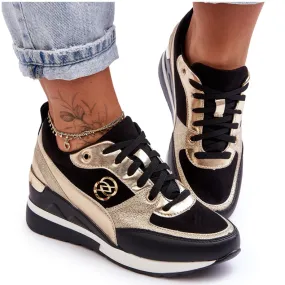 Evento Women's Lace-Up Wedge Sneakers Black And Gold Genova