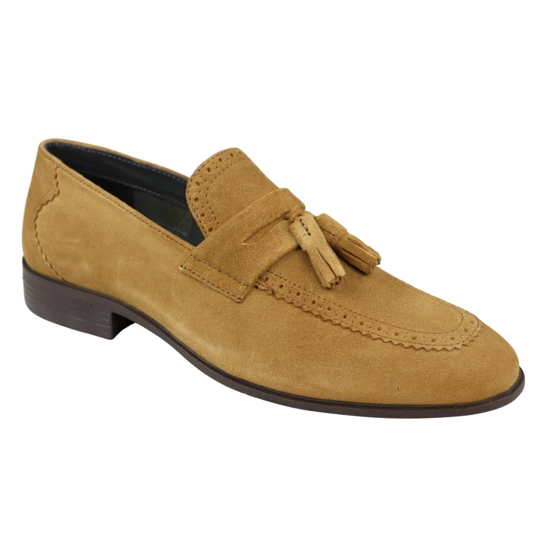 Mens Slip On Loafer Shoes Tan Tassel Real Suede Smart Casual Dress Driving Classic