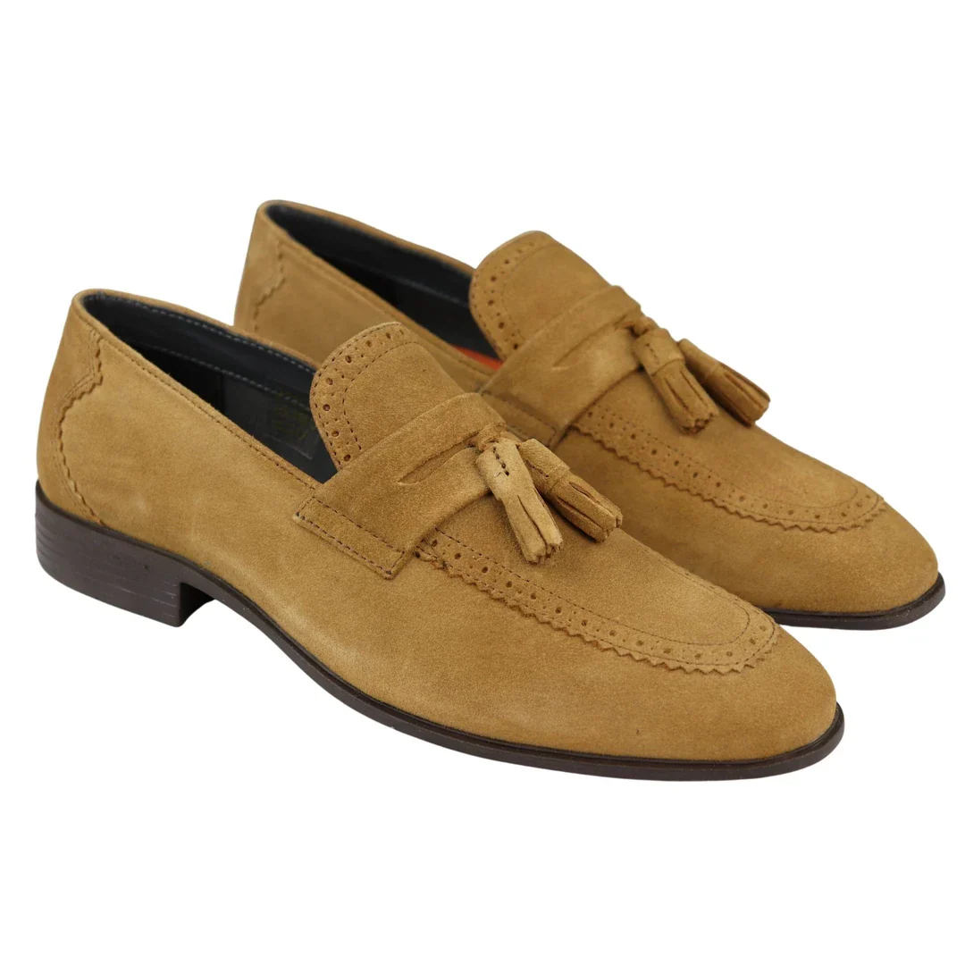 Mens Slip On Loafer Shoes Tan Tassel Real Suede Smart Casual Dress Driving Classic