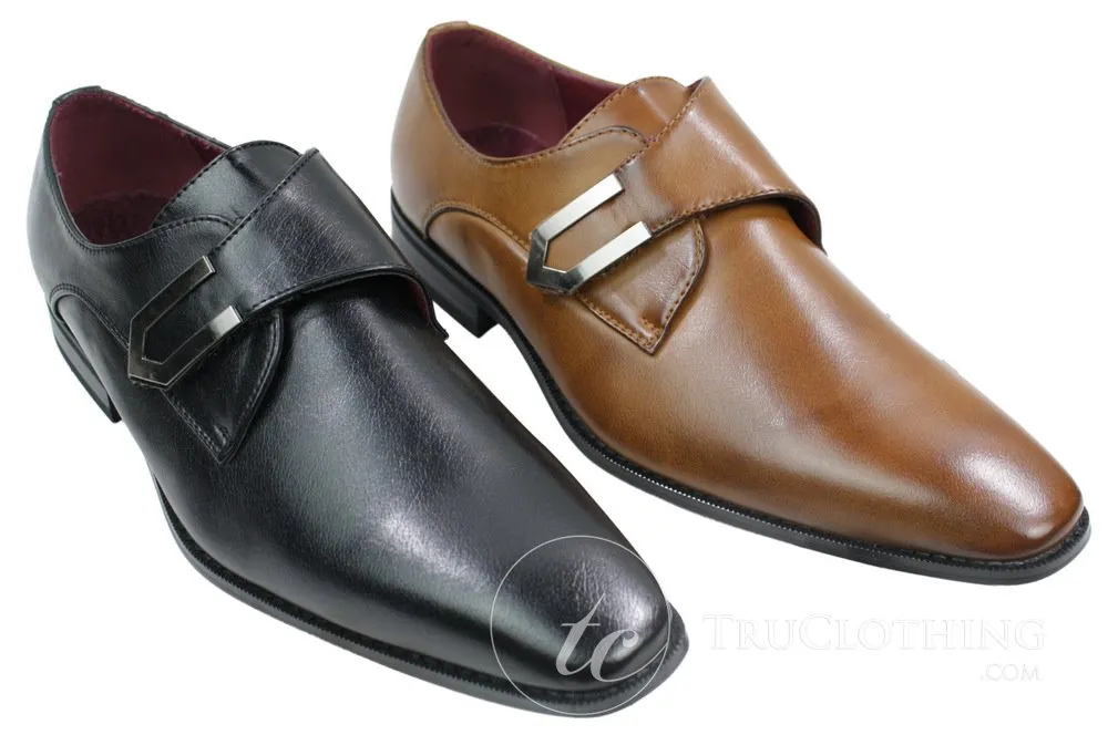 Mens Tan Brown Black Leather Shoes Italian Design Metal Buckle Slip On Smart