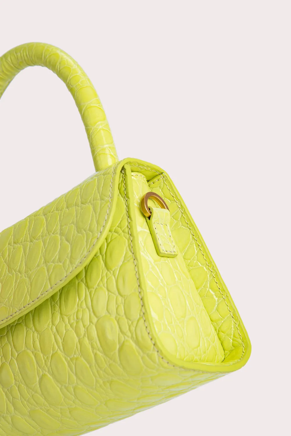 --Mini acid green circular croco embossed leather bag-