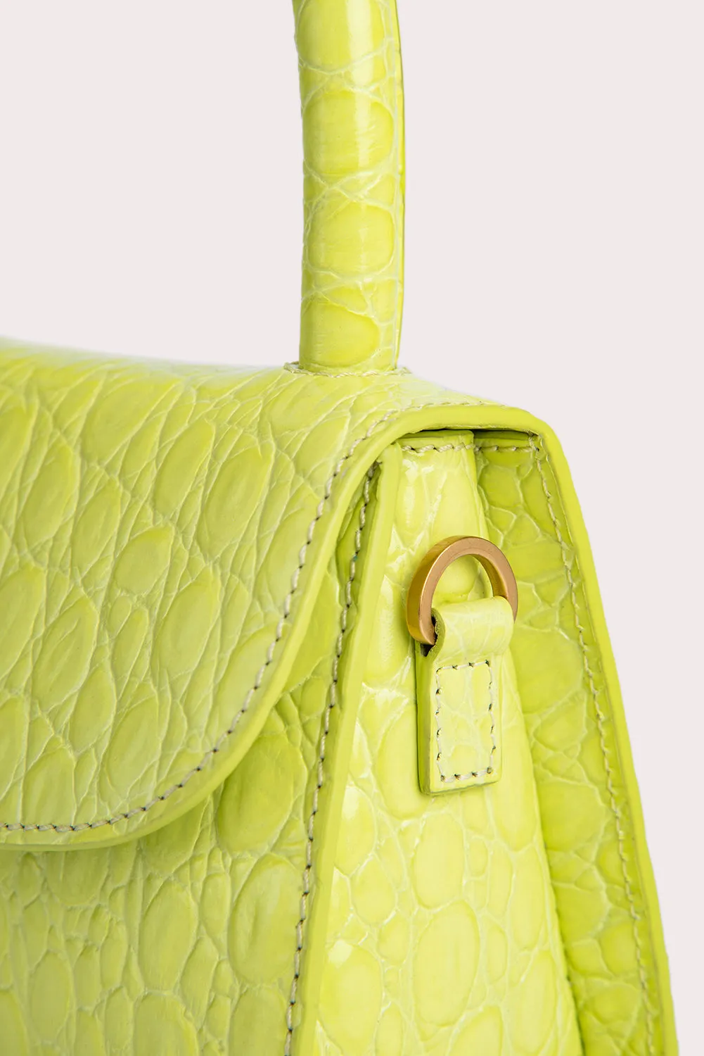 --Mini acid green circular croco embossed leather bag-