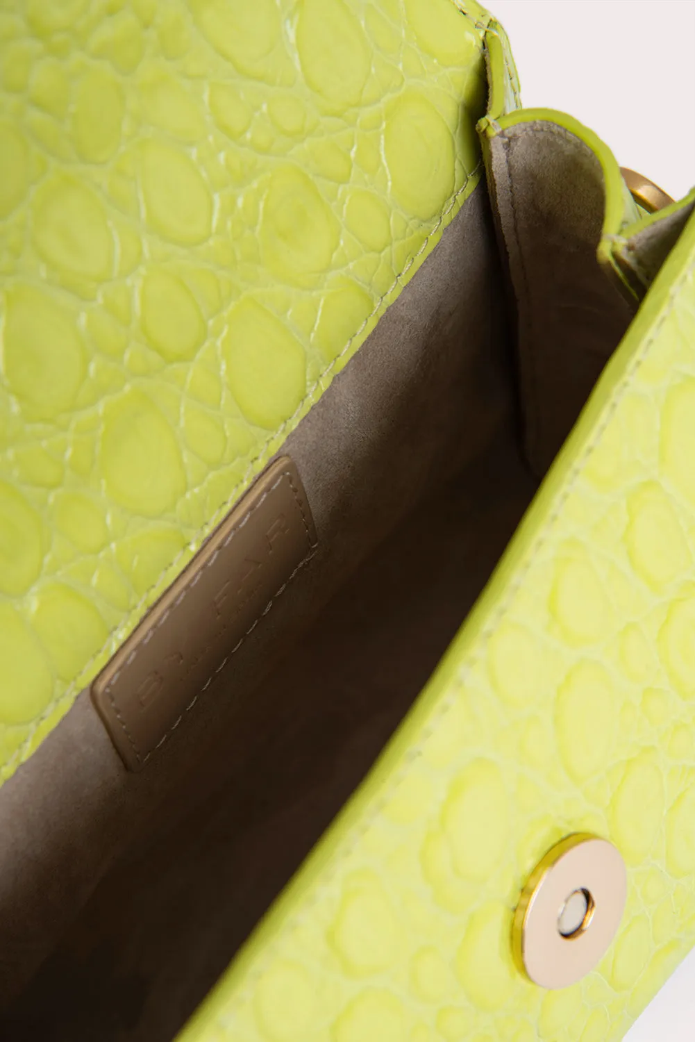 --Mini acid green circular croco embossed leather bag-