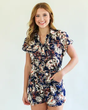 Navy Romper with Tan Floral Print