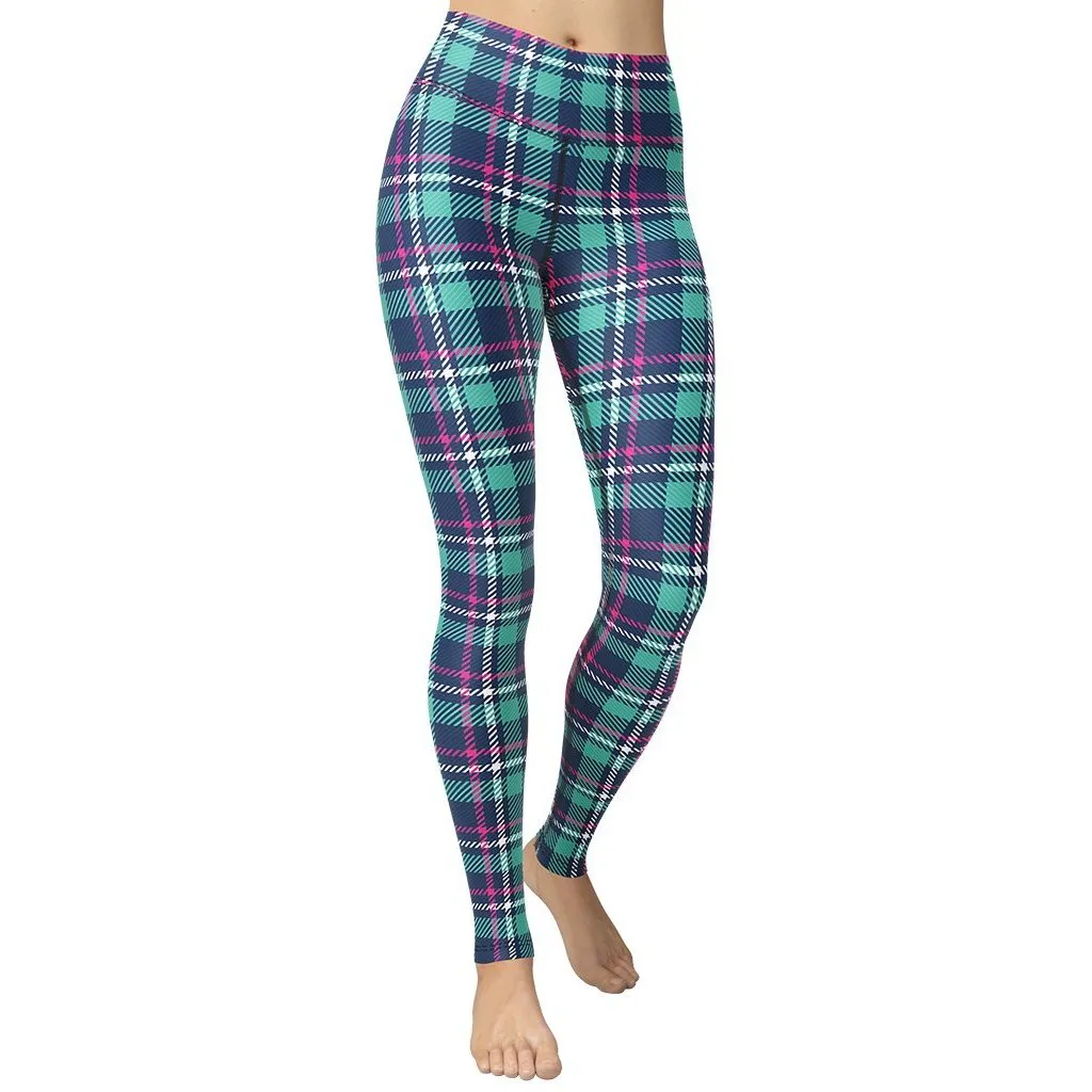 Pink & Turquoise Plaid Print Yoga Leggings