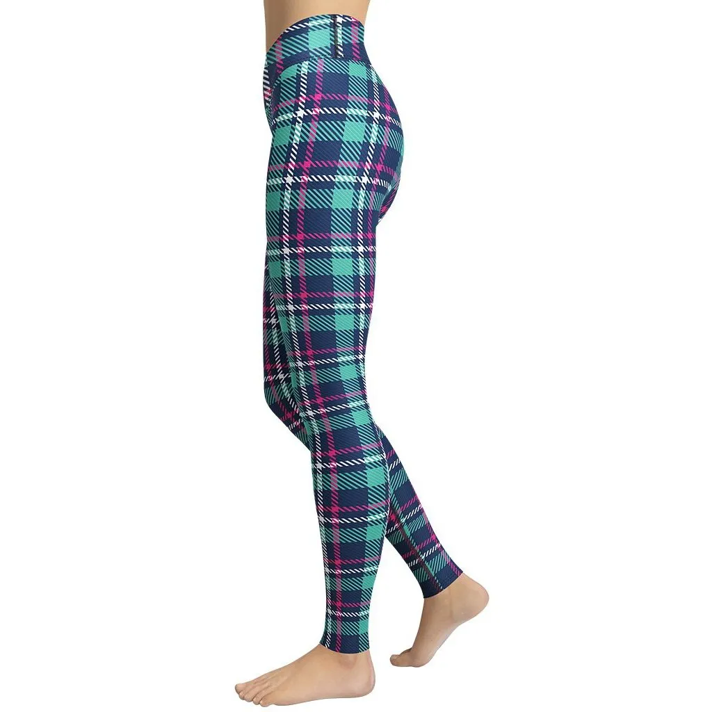 Pink & Turquoise Plaid Print Yoga Leggings