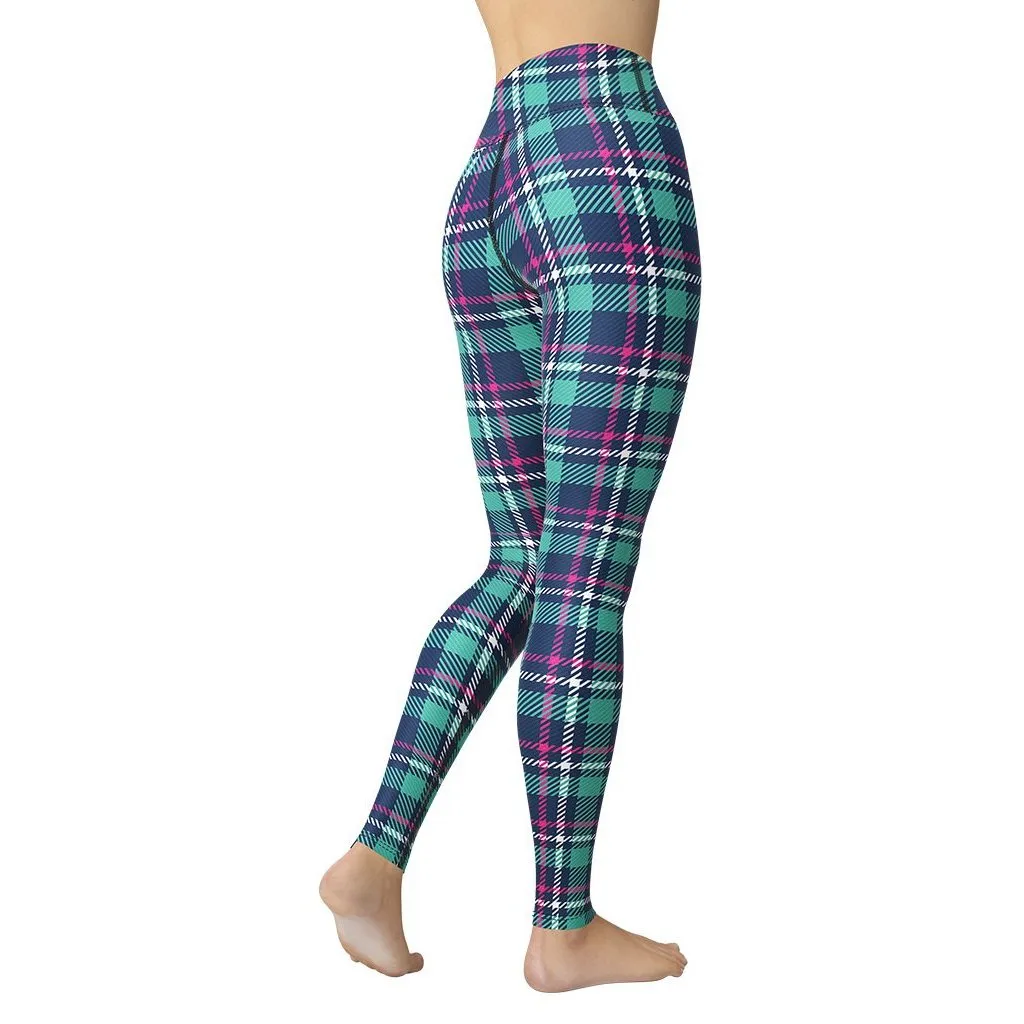 Pink & Turquoise Plaid Print Yoga Leggings