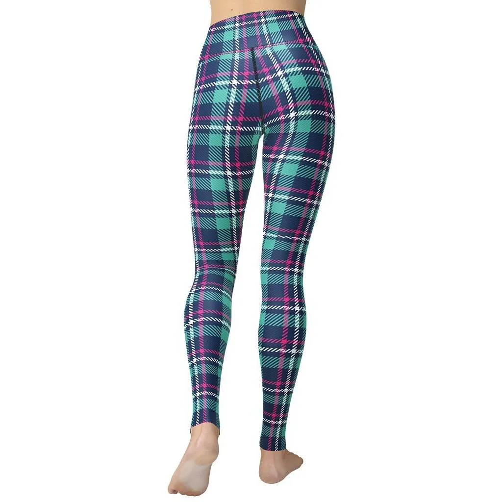 Pink & Turquoise Plaid Print Yoga Leggings