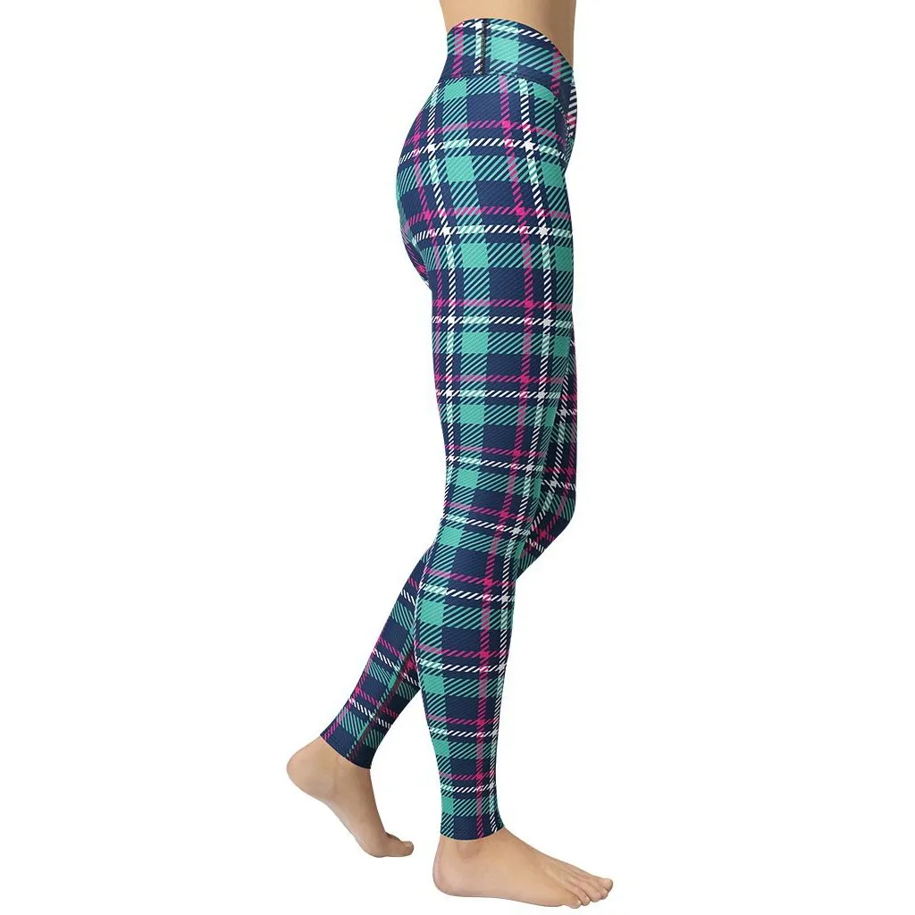 Pink & Turquoise Plaid Print Yoga Leggings