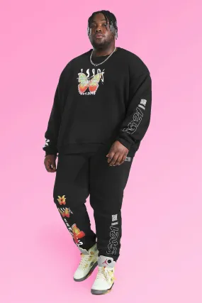 Plus Size Butterfly Graphic Print Tracksuit | boohooMAN UK