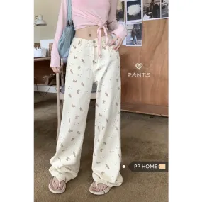 PPHOME printed straight pants ~ sweet and spicy bear printed high waist loose straight wide leg floor mopping denim trousers