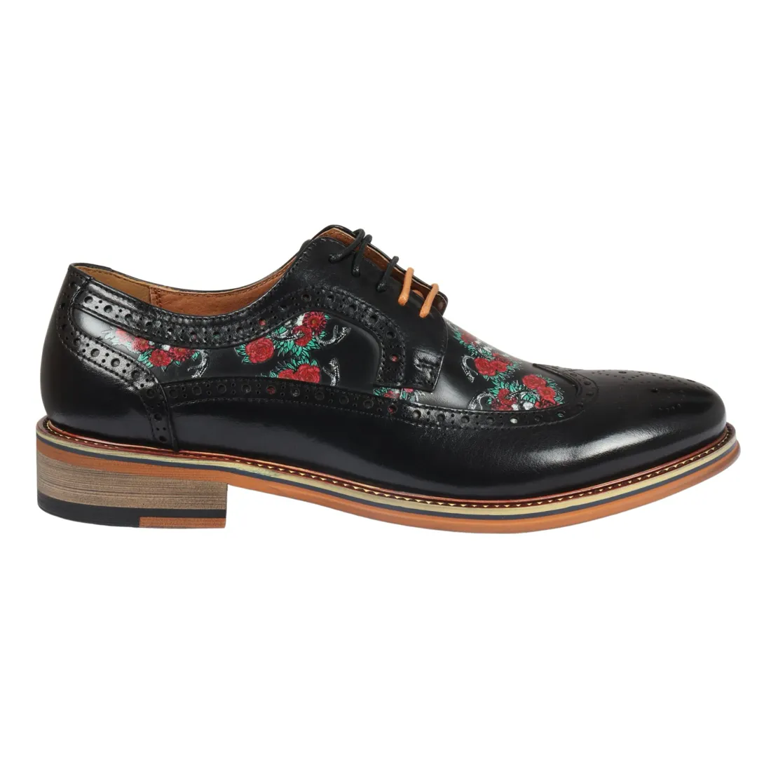 Ross - Men's Black Floral Skull Print Leather Brogue Shoes