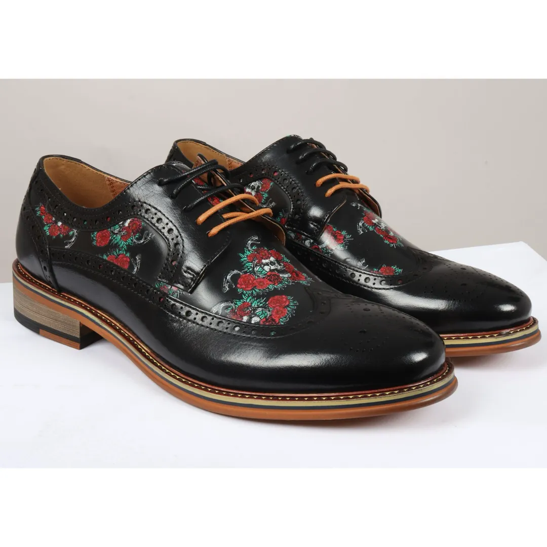 Ross - Men's Black Floral Skull Print Leather Brogue Shoes