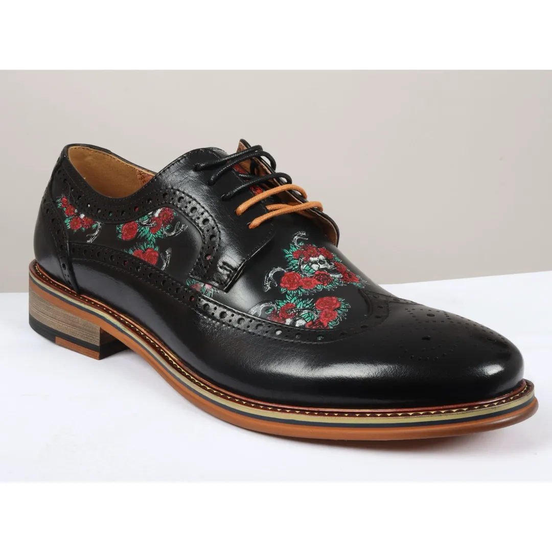 Ross - Men's Black Floral Skull Print Leather Brogue Shoes