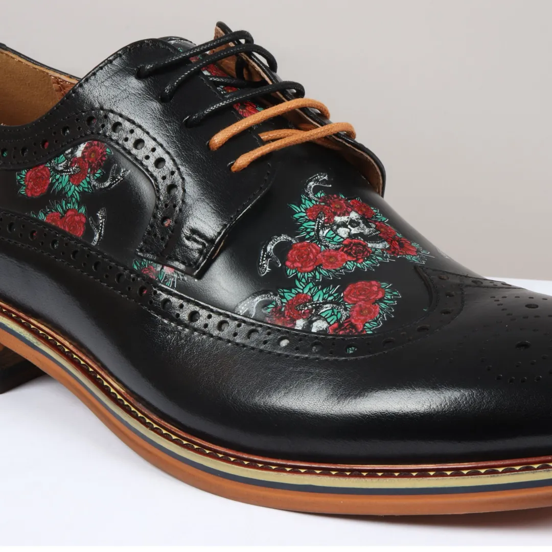 Ross - Men's Black Floral Skull Print Leather Brogue Shoes