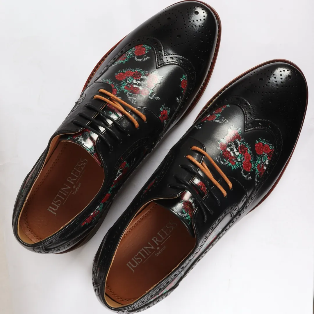 Ross - Men's Black Floral Skull Print Leather Brogue Shoes