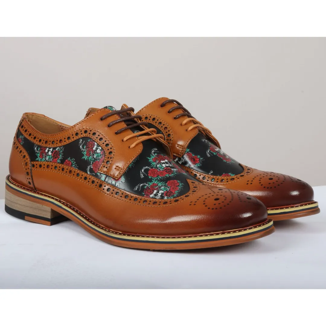 Ross - Men's Brown Floral Skull Print Leather Brogue Shoes