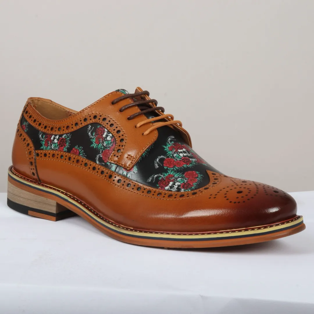 Ross - Men's Brown Floral Skull Print Leather Brogue Shoes