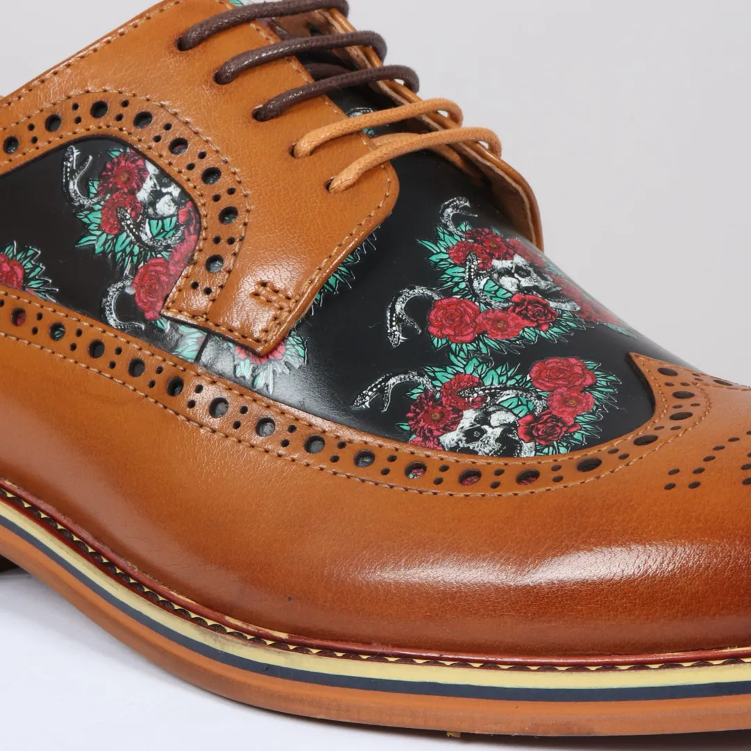 Ross - Men's Brown Floral Skull Print Leather Brogue Shoes