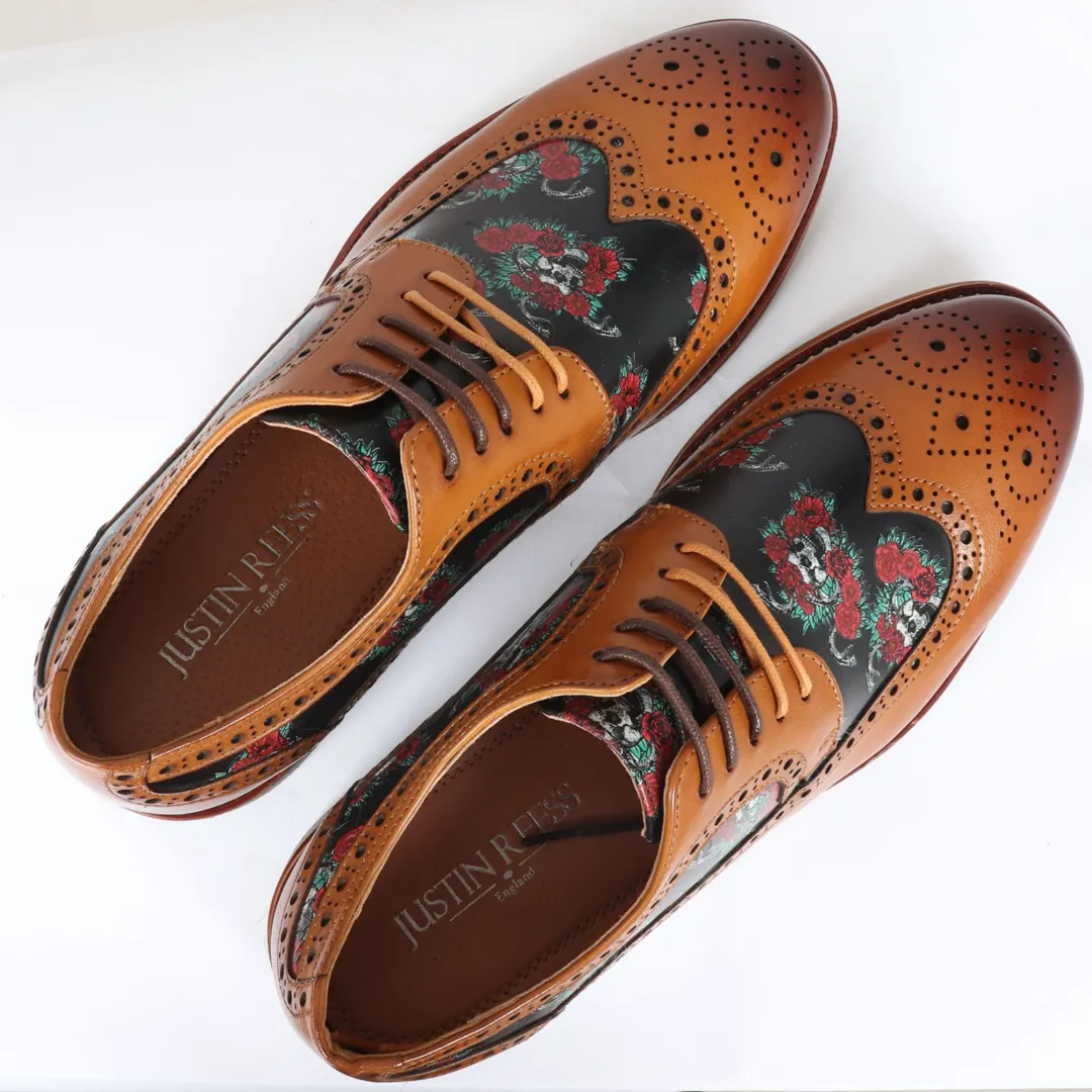 Ross - Men's Brown Floral Skull Print Leather Brogue Shoes