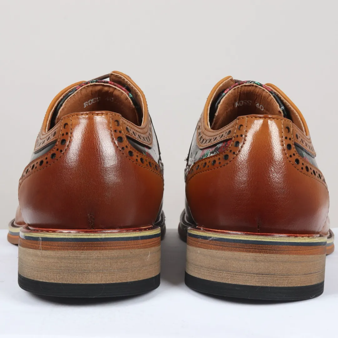 Ross - Men's Brown Floral Skull Print Leather Brogue Shoes