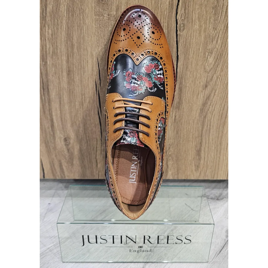 Ross - Men's Brown Floral Skull Print Leather Brogue Shoes