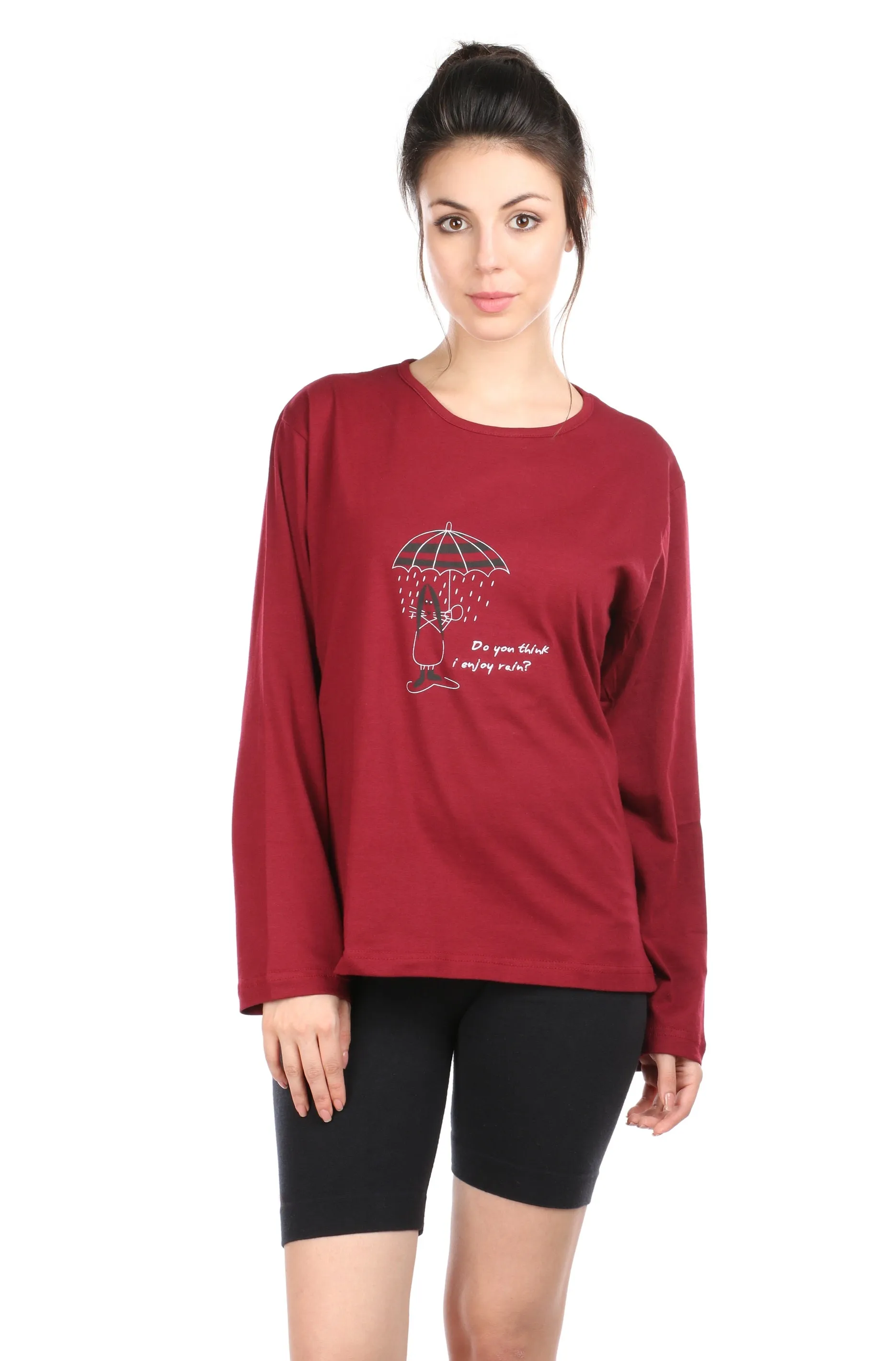 Semantic Women's Cotton T-Shirt - Umbrella Print & Embroidered (Loose Fit)