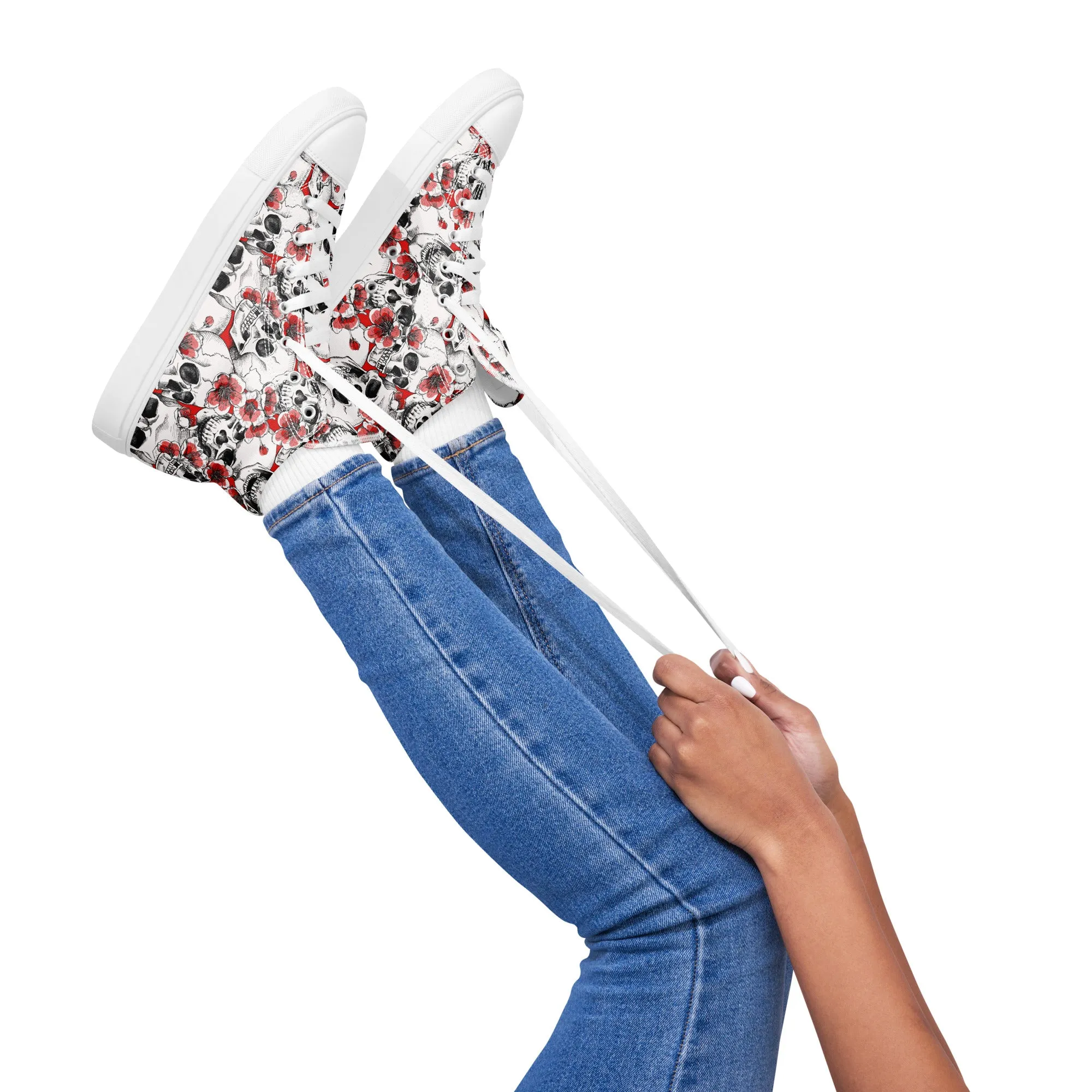 Skulls and Red Flowers Women’s High Top Canvas Shoes