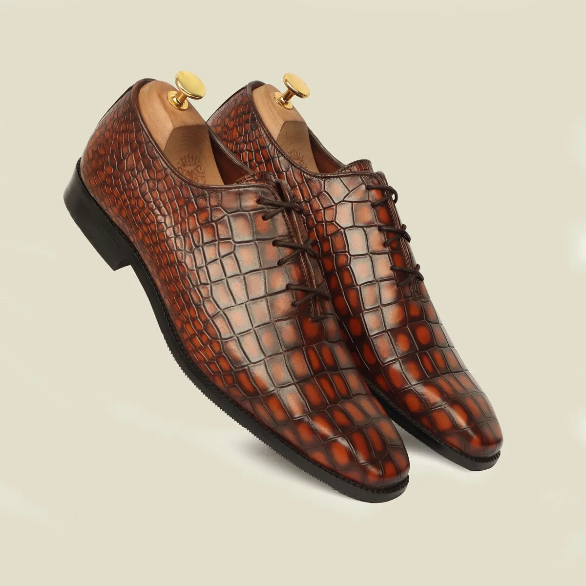 Smokey Tan Oxford Lace-Up Shoes with Full Deep Cut Croco Textured Leather