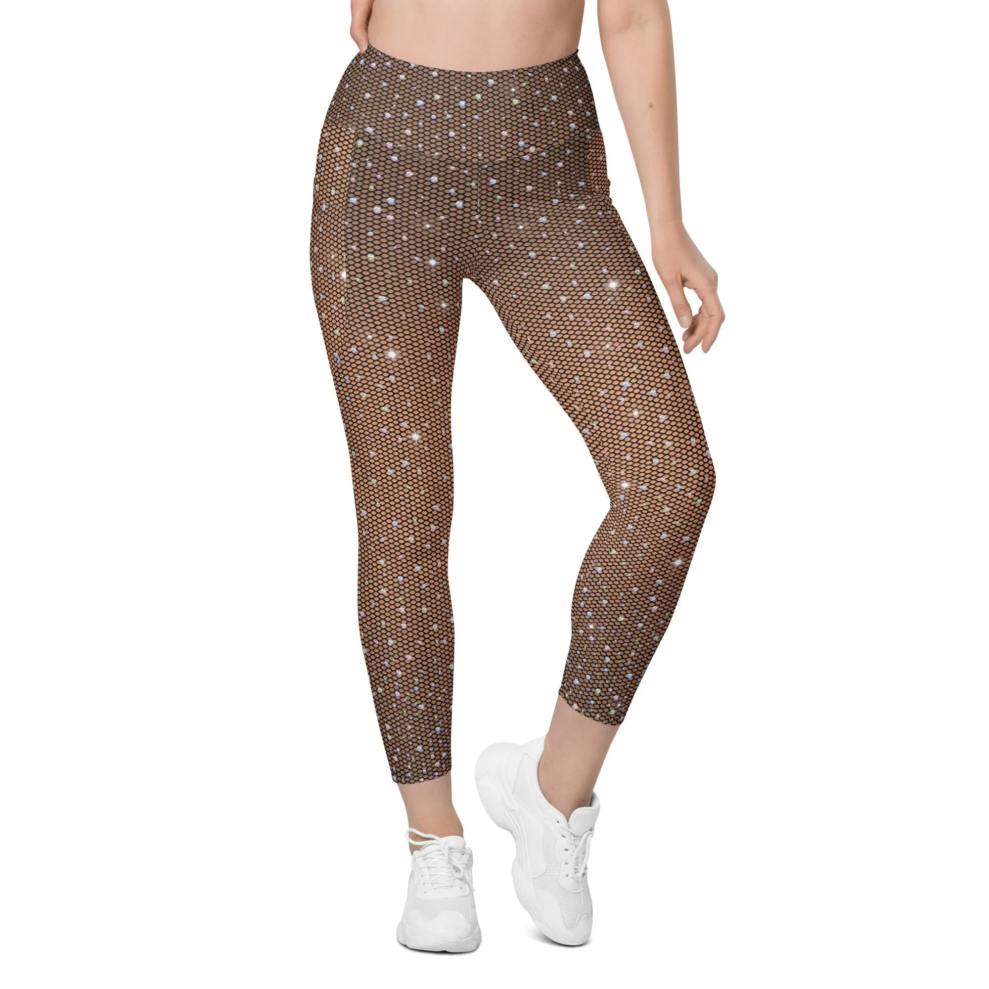 Sparkle Fishnet Print Leggings With Pockets