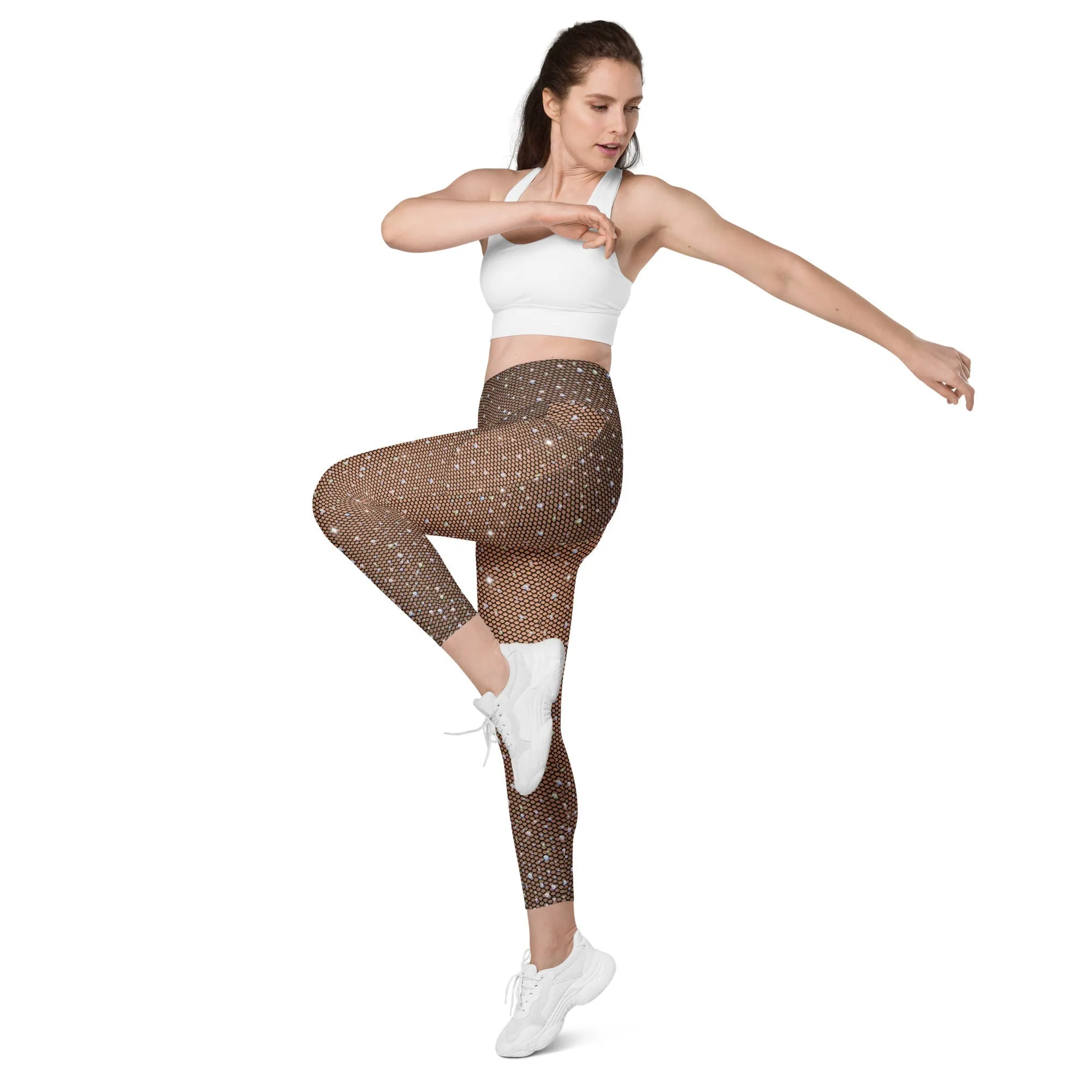 Sparkle Fishnet Print Leggings With Pockets