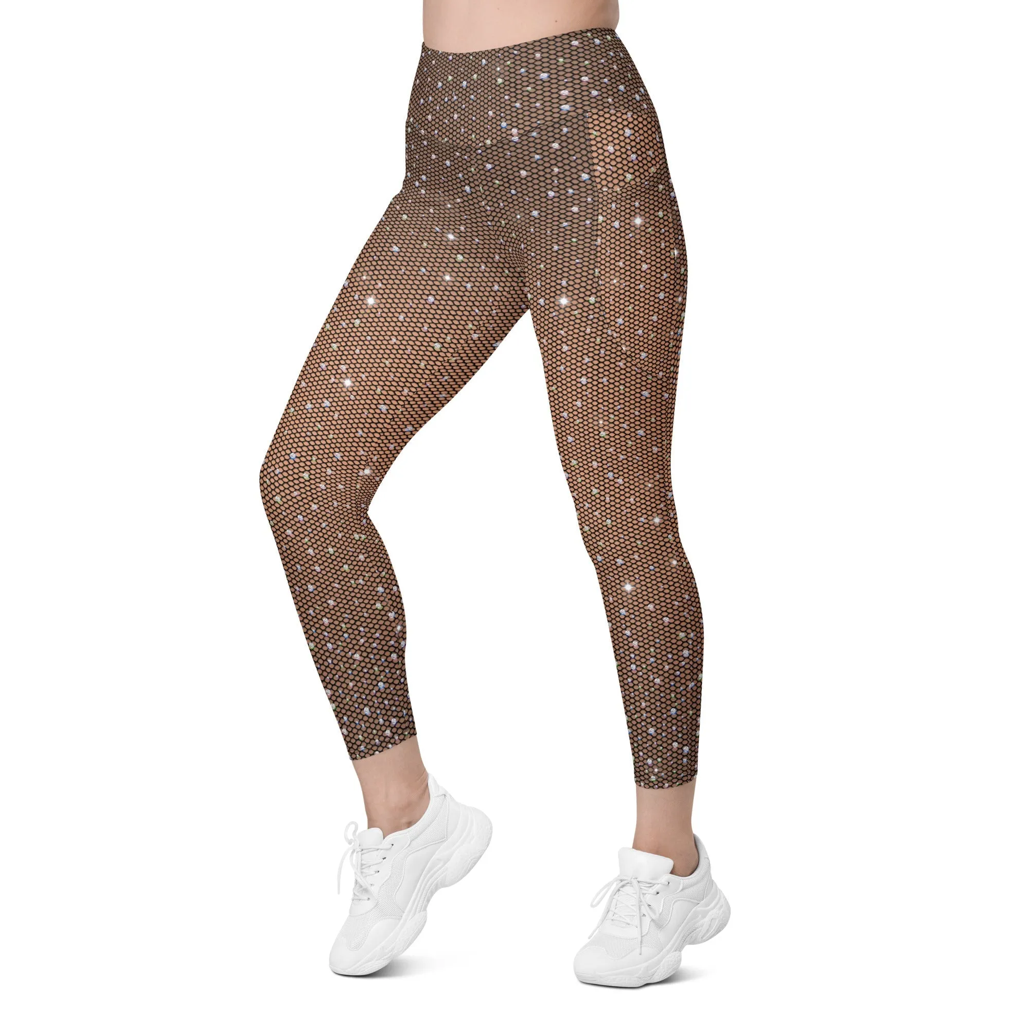 Sparkle Fishnet Print Leggings With Pockets