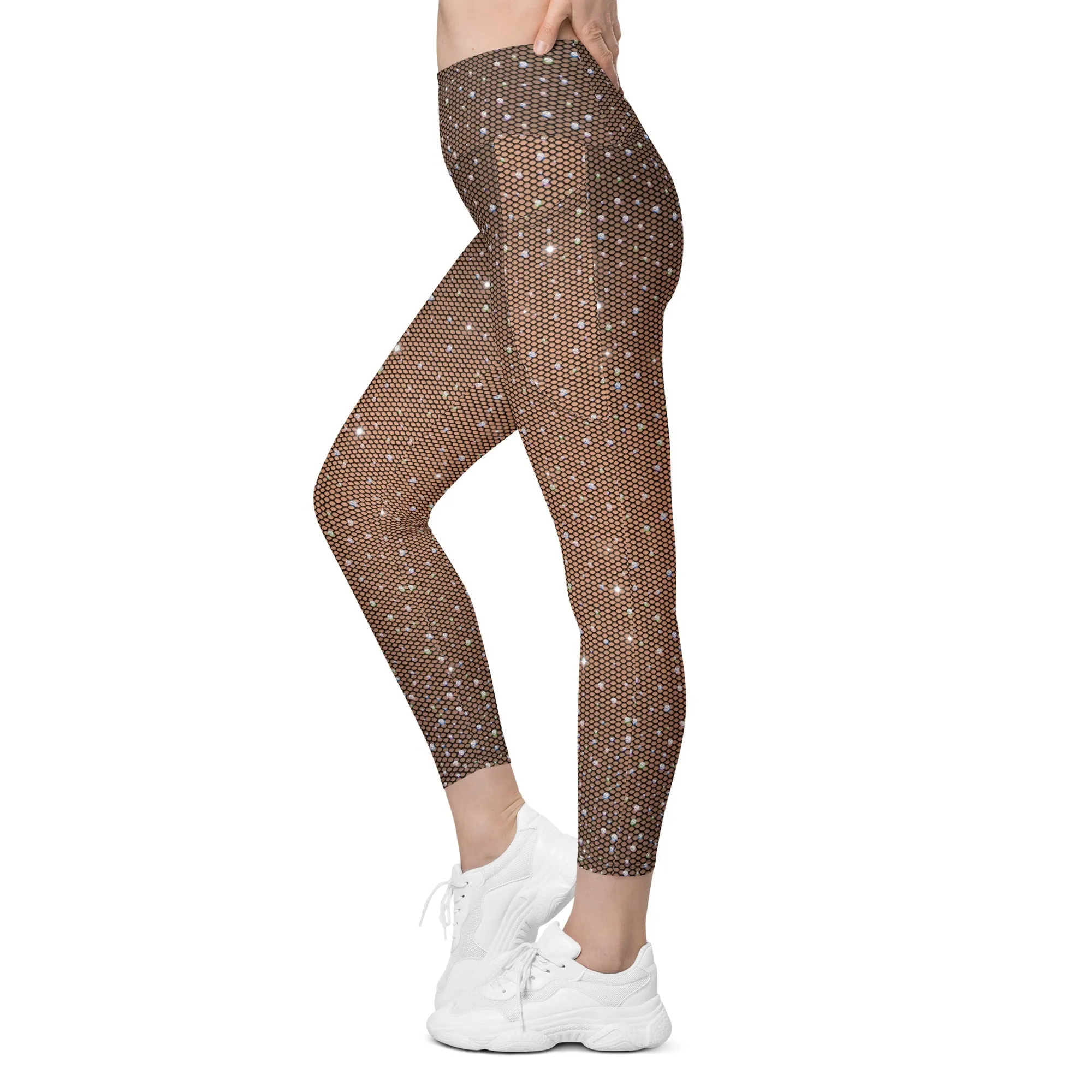 Sparkle Fishnet Print Leggings With Pockets