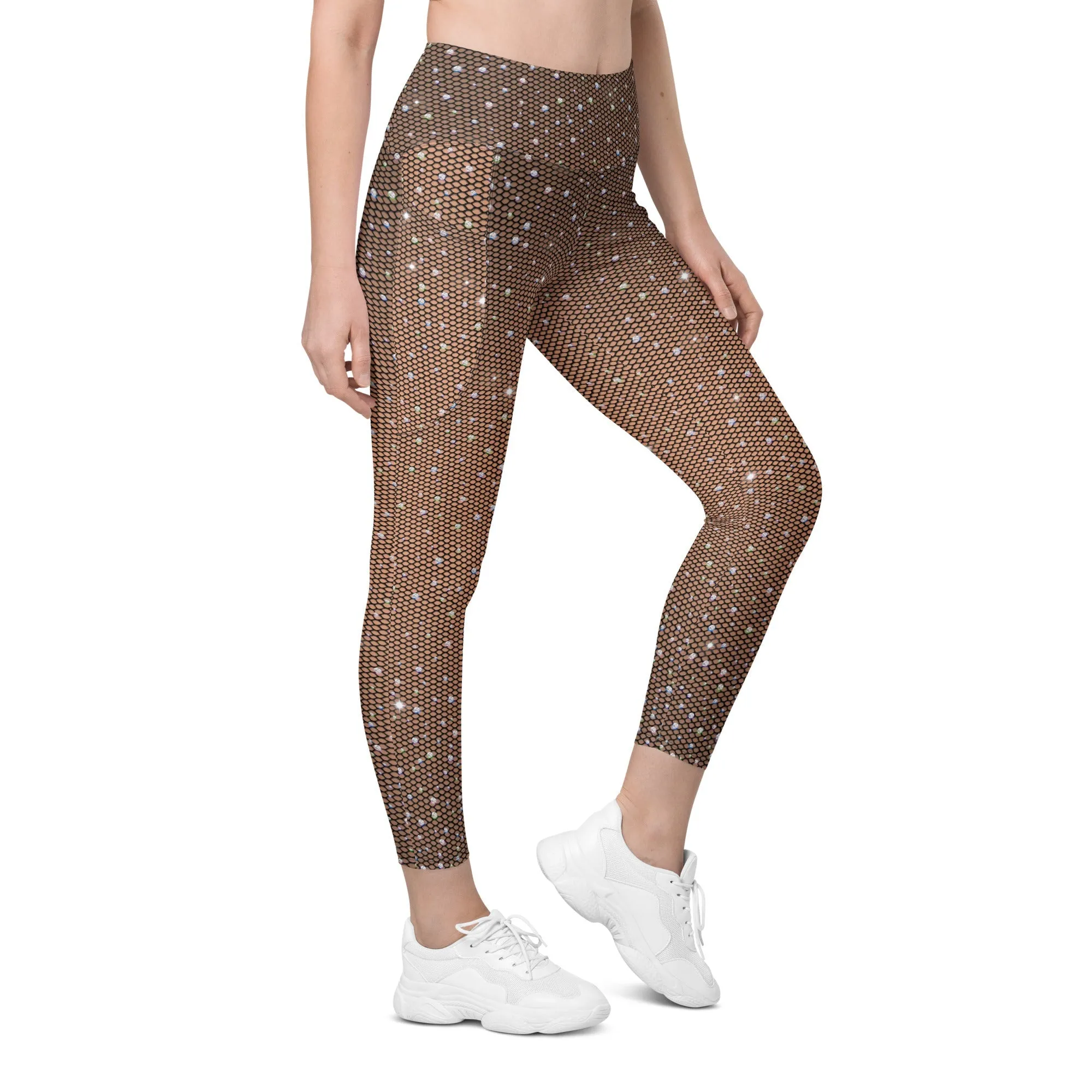 Sparkle Fishnet Print Leggings With Pockets